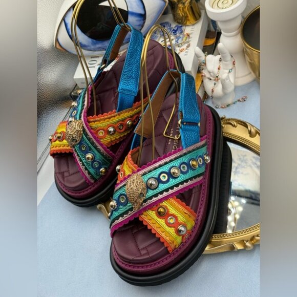 🆕 KURT GEIGER LONDON 🧿 NWOB Orson Cross Scallop Sandal Purple Multi Sz 37 US 7 - Picture 10 of 14